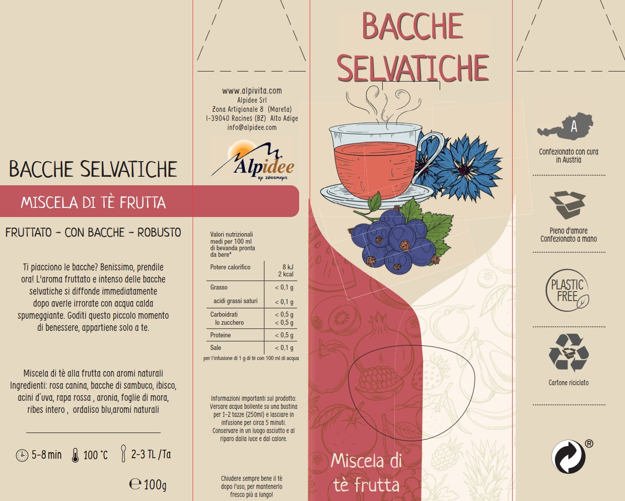 Miscela di tè frutta BACCHE SELVATICHE, fruttato, con bacche, robusto, 100g