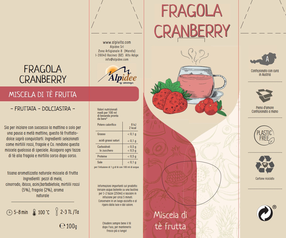 Miscela di tè frutta FRAGOLA CRANBERRY, fruttato, dolciastro, 100g