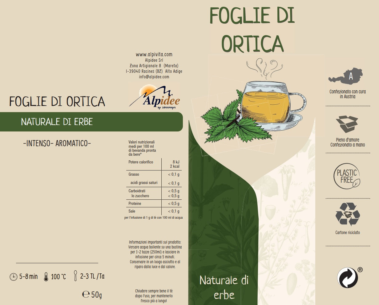 Tè naturale di erbe FOGLIE DI ORTICA, intenso, aromatico, 50g