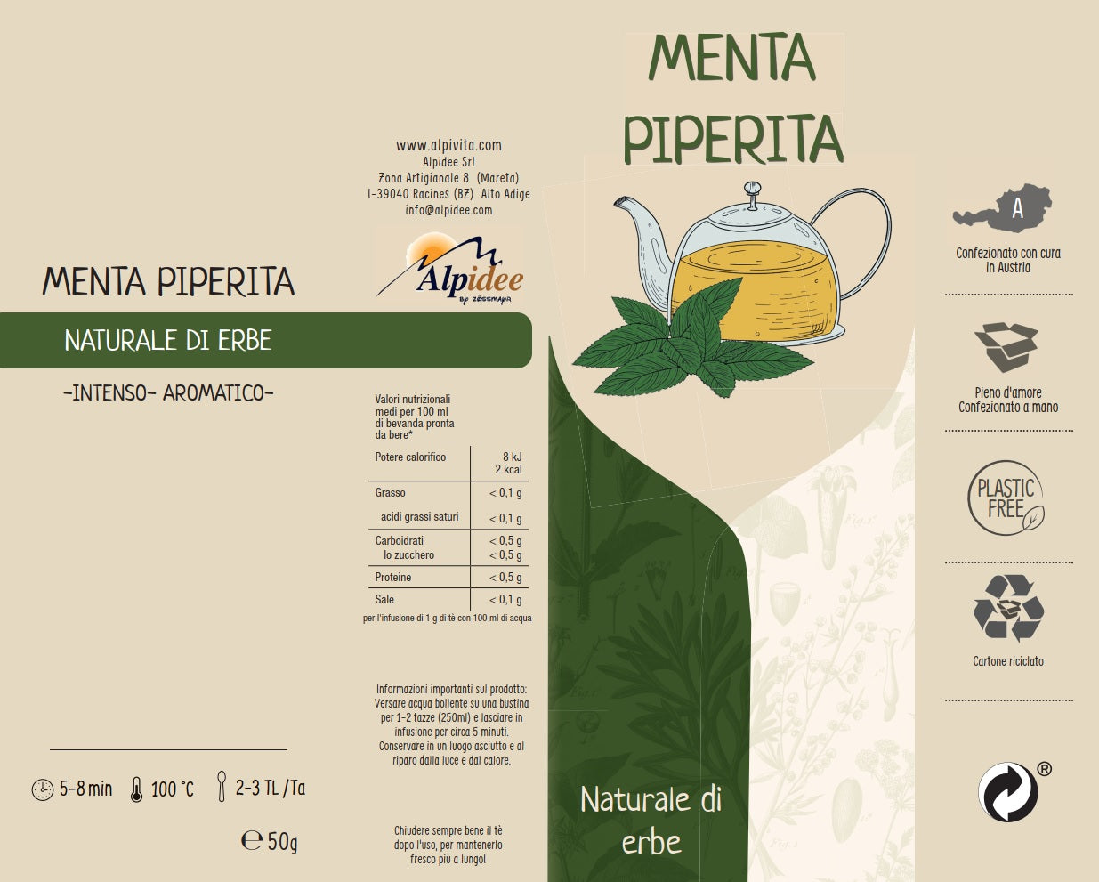 Tè naturale di erbe MENTA PIPERITA, intenso, aromatico, 50g