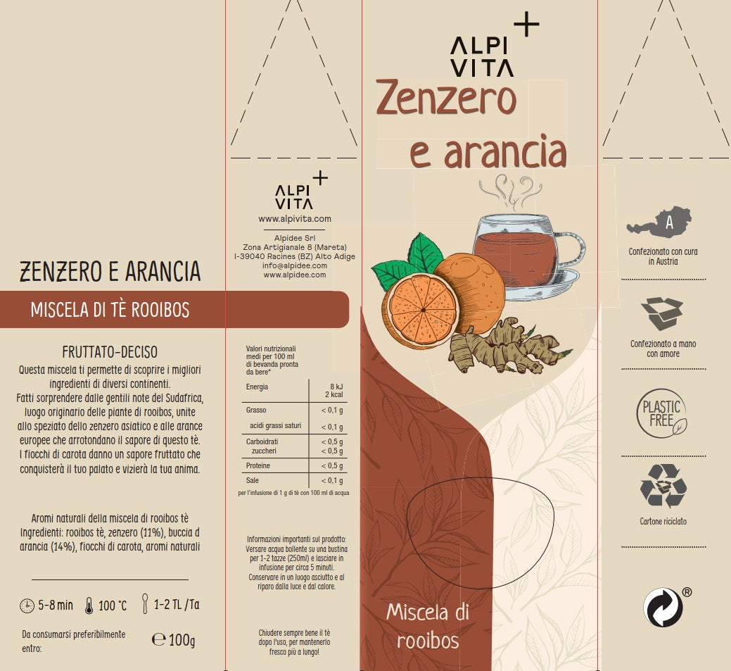 Tè miscela di Rooibos ZENZERO E ARANCIA, fruttato, deciso 100g