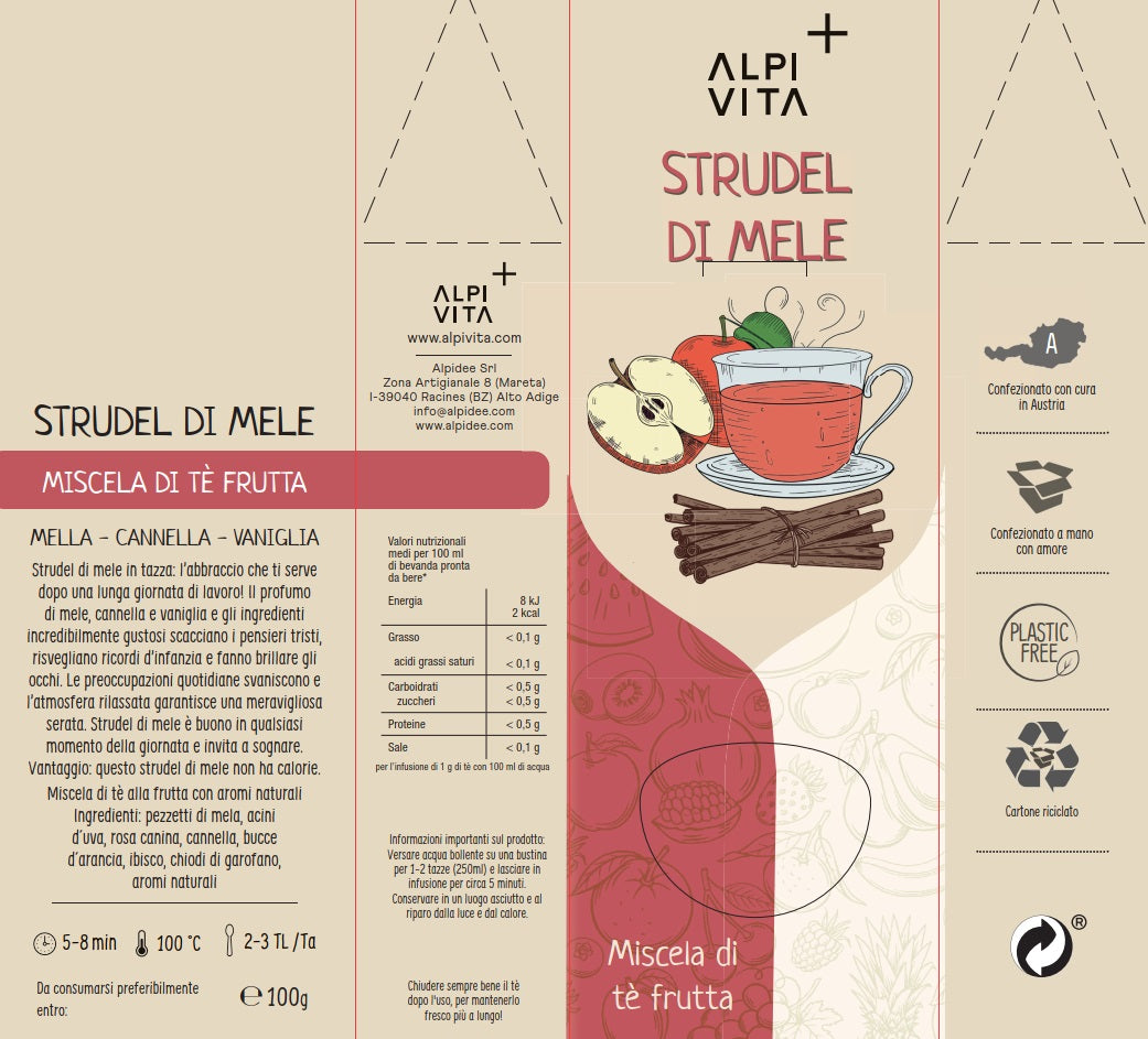 Miscela di tè frutta STRUDEL DI MELE, mela, cannella, vaniglia, 100g