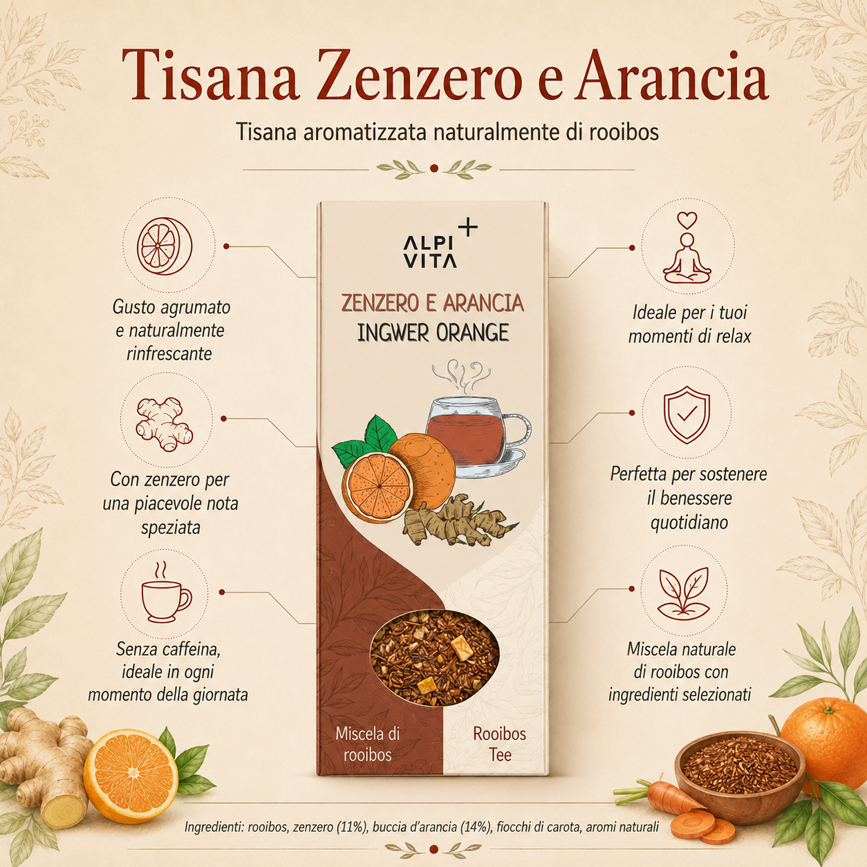 Zenzero e Arancia - Infuso di Rooibos naturalmente senza caffeina, 100g