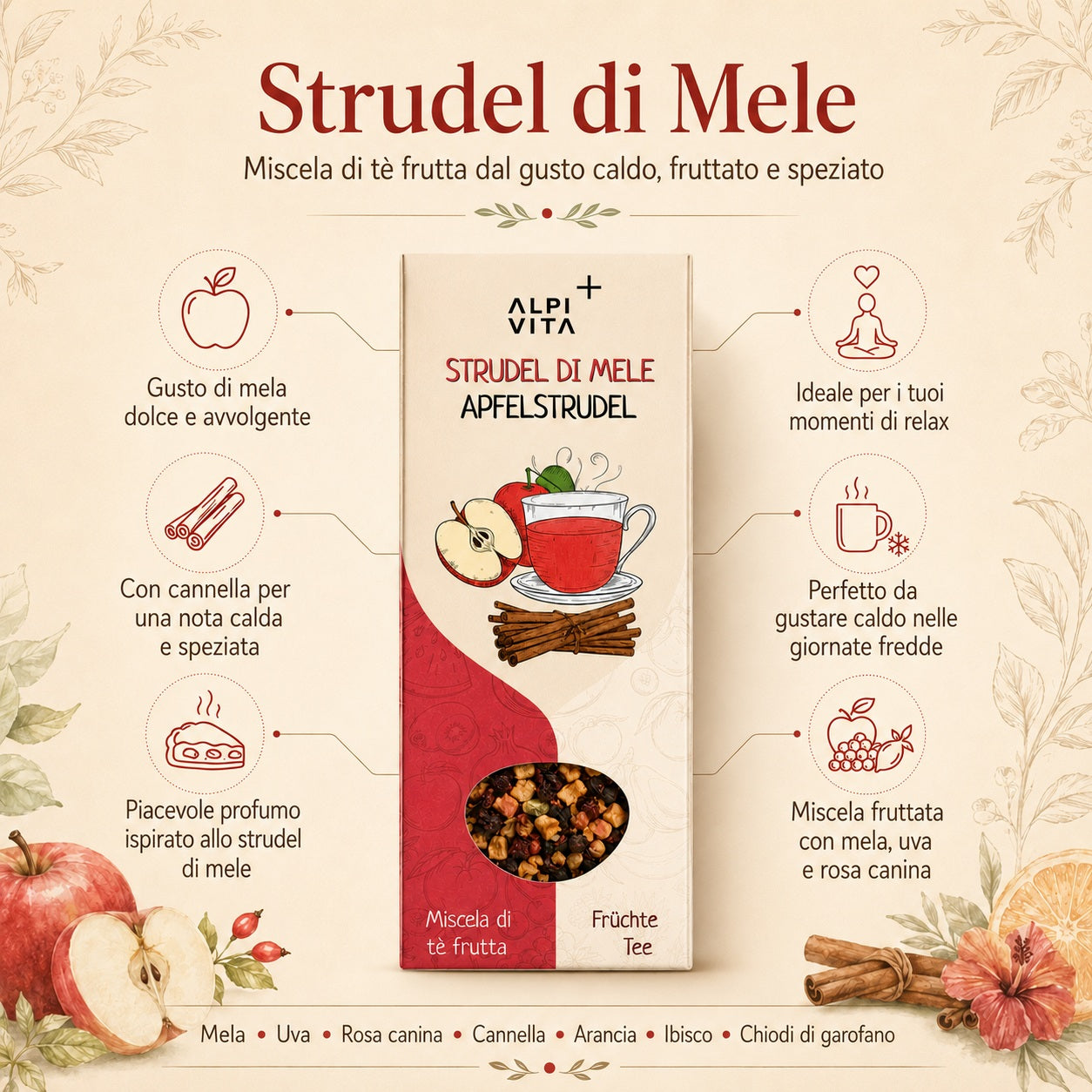 Strudel di Mele - Infuso alla frutta con mela, cannella e spezie, dolce e avvolgente, 100g