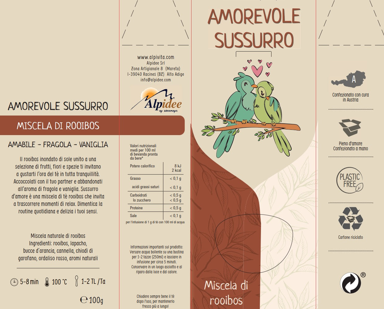 Tè miscela Rooibos AMOREVOLE SUSSURRO, amabile, fragola, vaniglia, 100g
