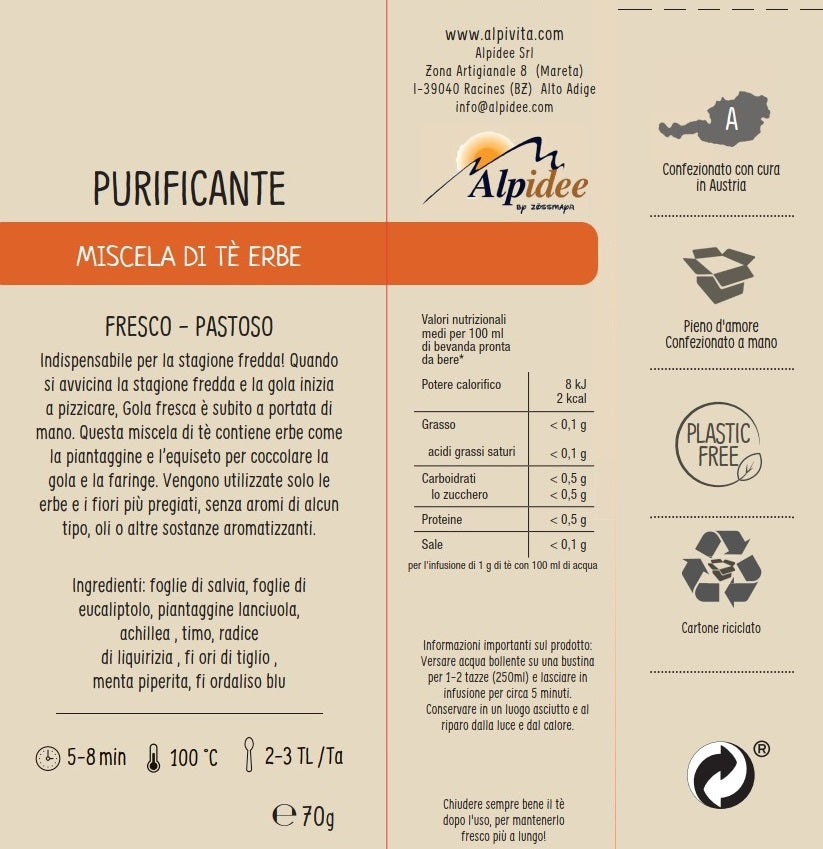 Miscela di Tè alle Erbe PURIFICANTE, fresco, pastoso, 70g