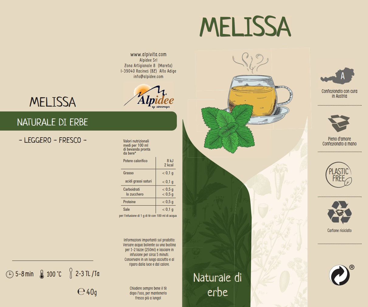 Tè naturale di erbe MELISSA, leggero, fresco, 40g