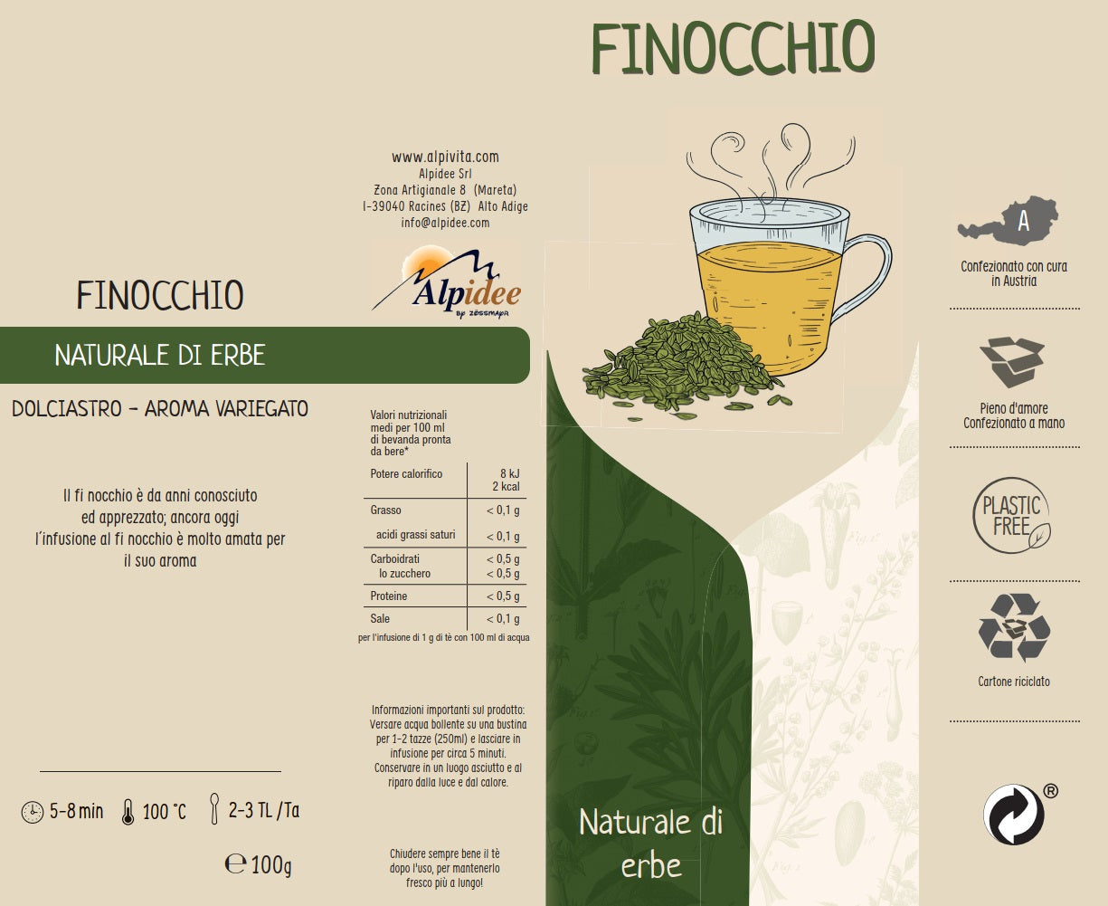 Tè naturale FINOCCHIO, dolciastro, aroma variegato, 100g