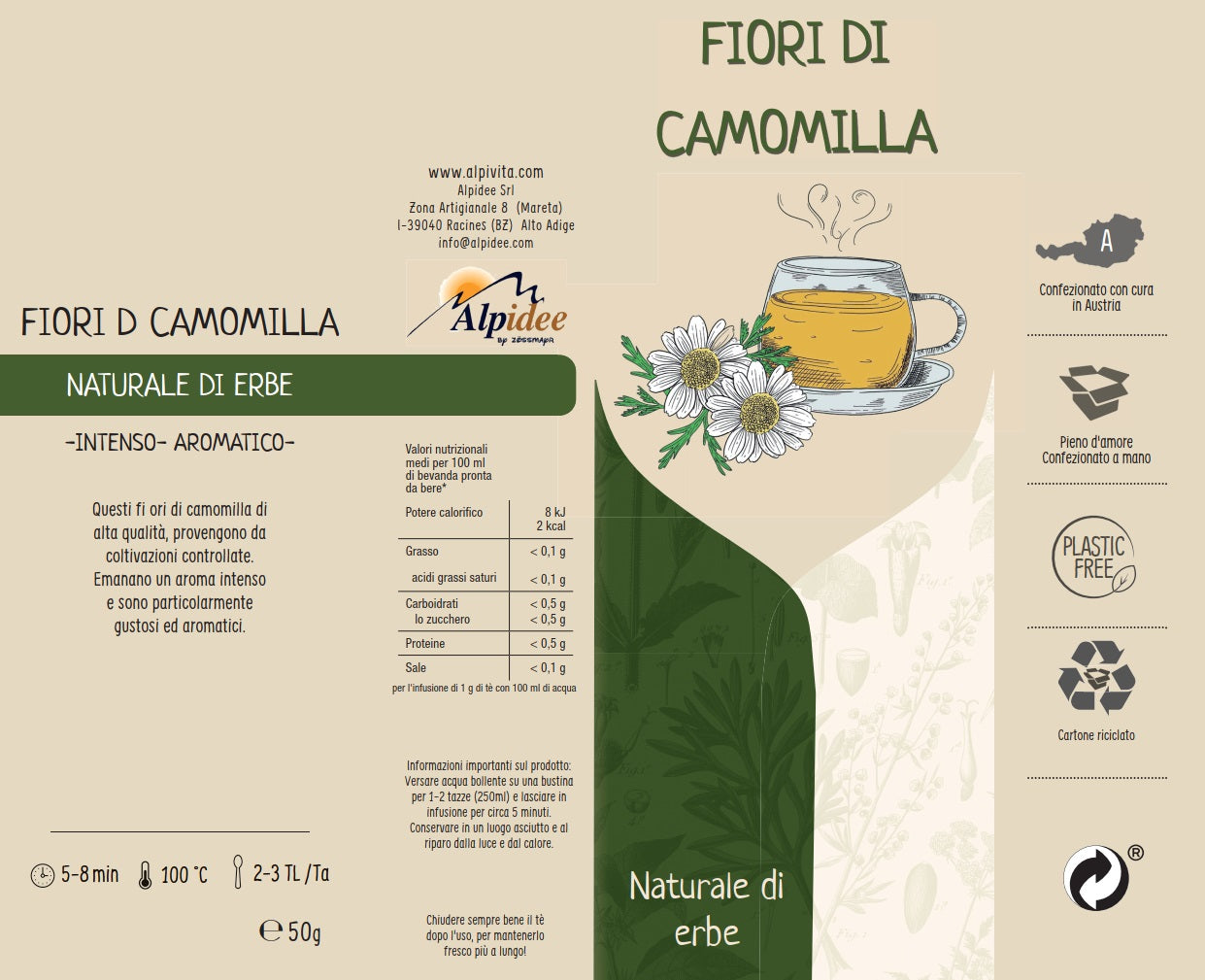 Tè naturale di erbe FIORI DI CAMOMILLA, intenso, aromatico, 50g
