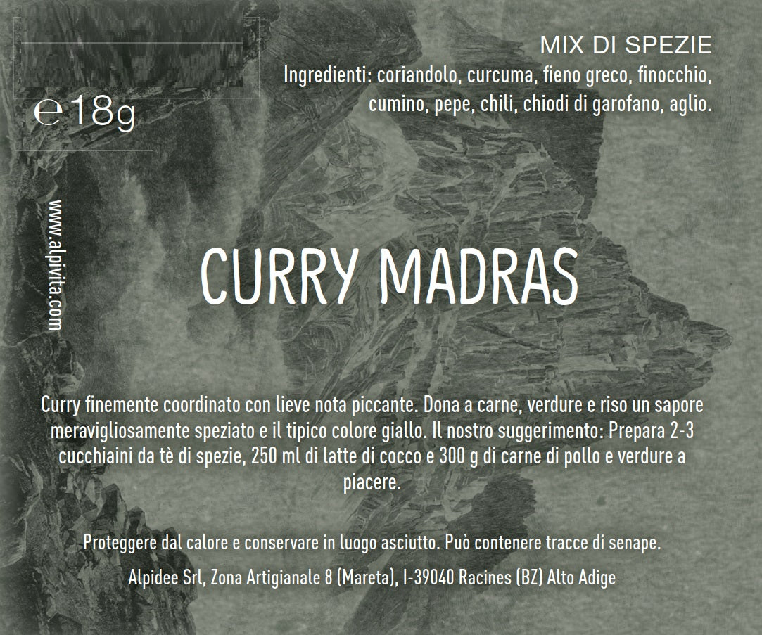Mix di spezie CURRY MADRAS, Curry ﬁnemente coordinato con lieve nota piccante, 18g