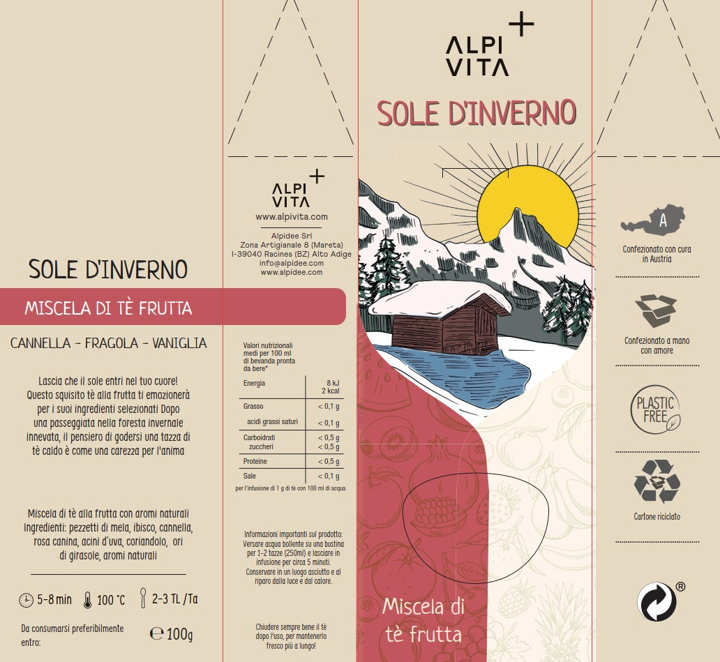 Miscela di tè frutta SOLE D'INVERNO, cannella, fragola, vaniglia, 100g